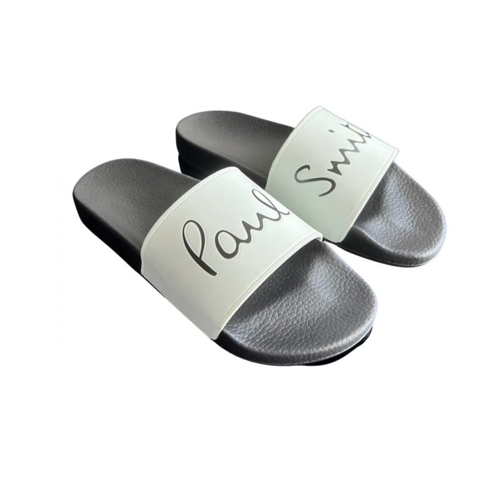 Paul Smith Mens Ruben Logo Script Slides Sandals White and Black